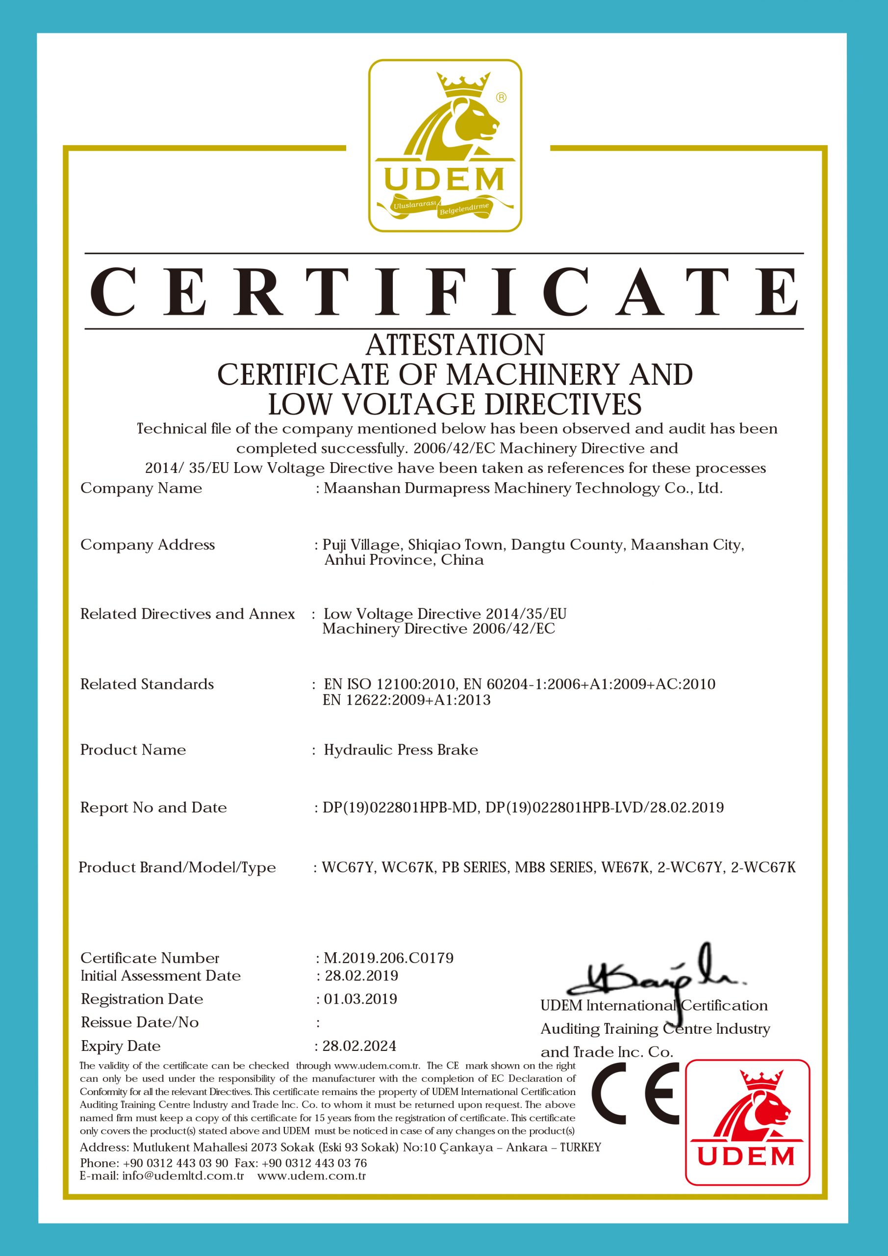 Листогибочный пресс Durmapress Сертификация CE