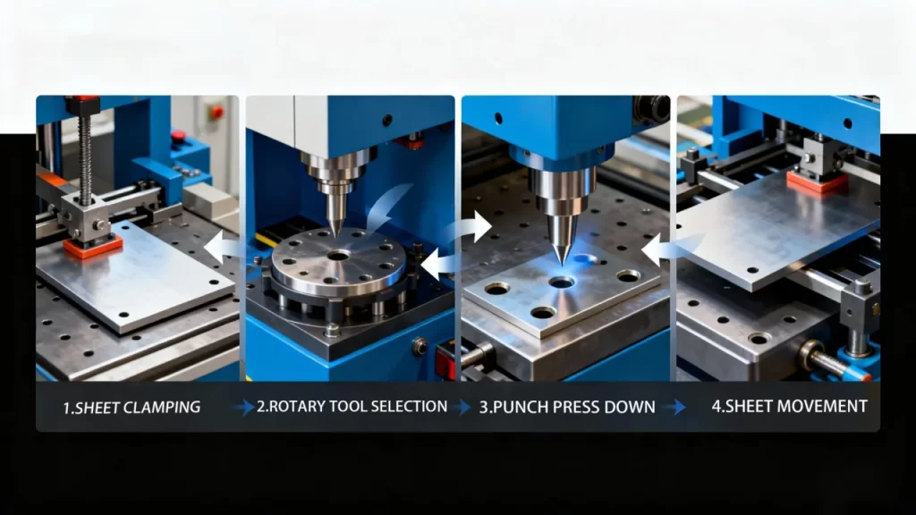 step-by-step CNC turret punching sequence