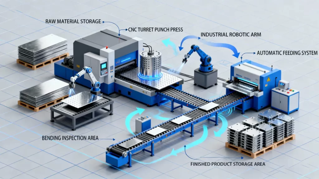 Turret punching machine automated sheet metal production line