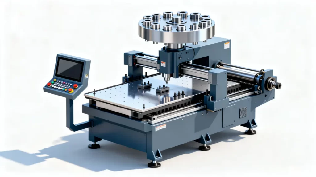 turret punching machine structure showing upper and lower turret, CNC control, and punch-die set