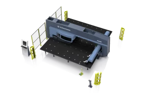turret punching machine structure showing upper and lower turret, CNC control, and punch-die set