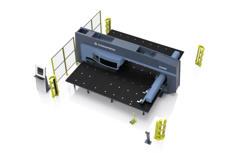 turret punching machine structure showing upper and lower turret, CNC control, and punch-die set