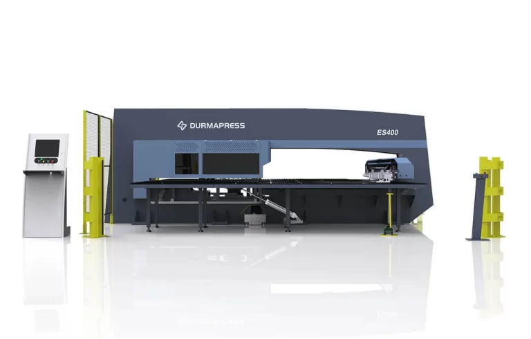 Front view of a turret punch press machine used for pressing and punching sheet metal