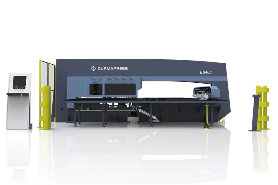 Front view of a turret punch press machine used for pressing and punching sheet metal