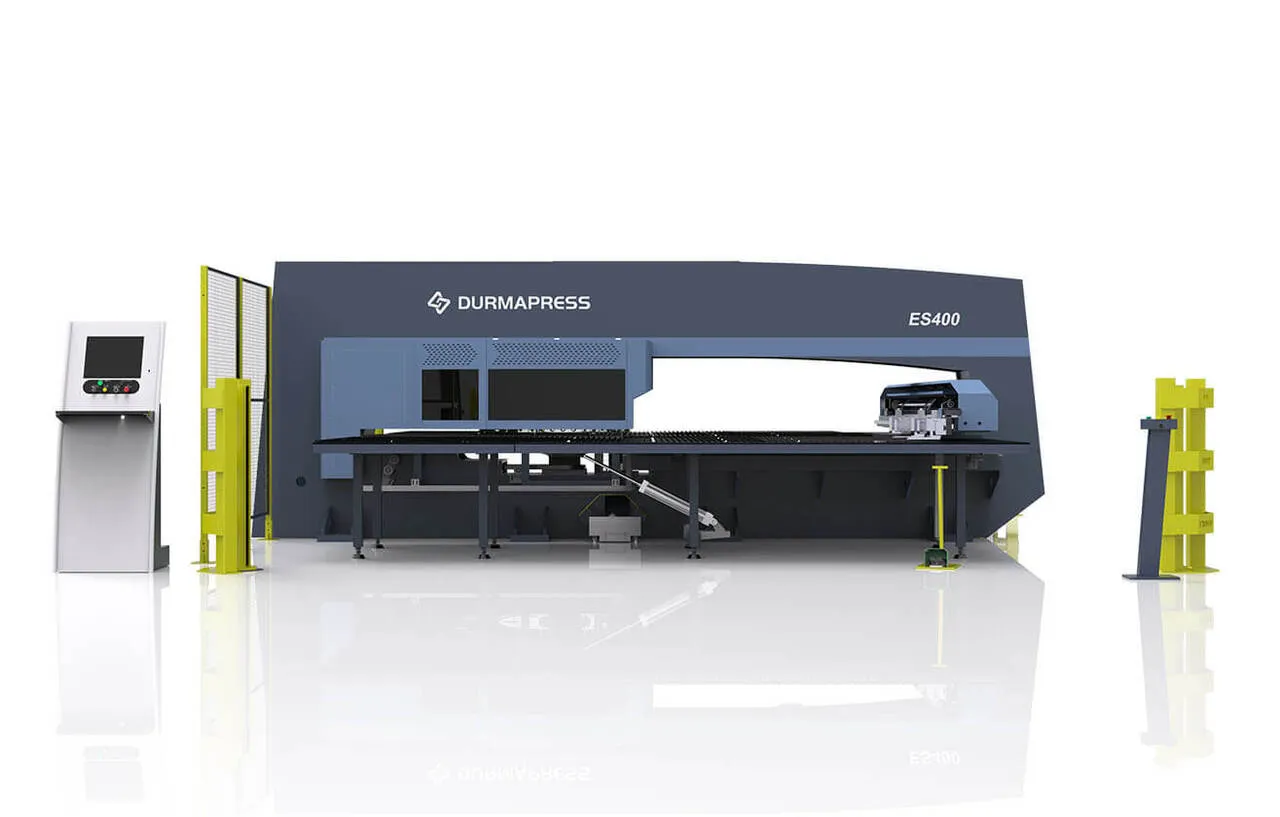 Front view of a turret punch press machine used for pressing and punching sheet metal