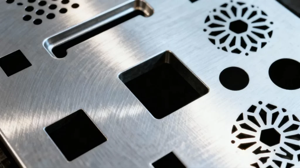 Sheet metal components produced by punch press including louvers and perforated panels