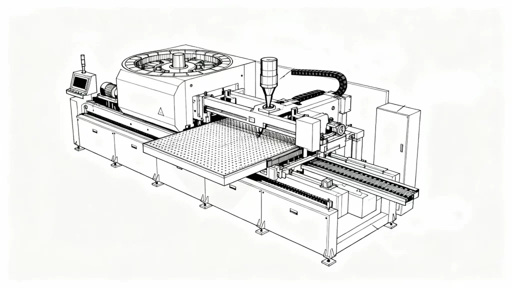Punch press working principle diagram showing tooling, ram movement, and punching cycle