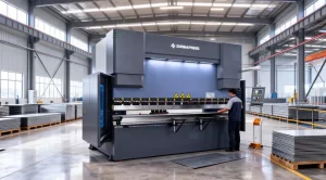 Hydraulic press brake machine bending metal sheet in factory