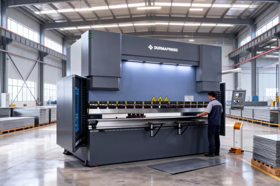 Hydraulic press brake machine bending metal sheet in factory