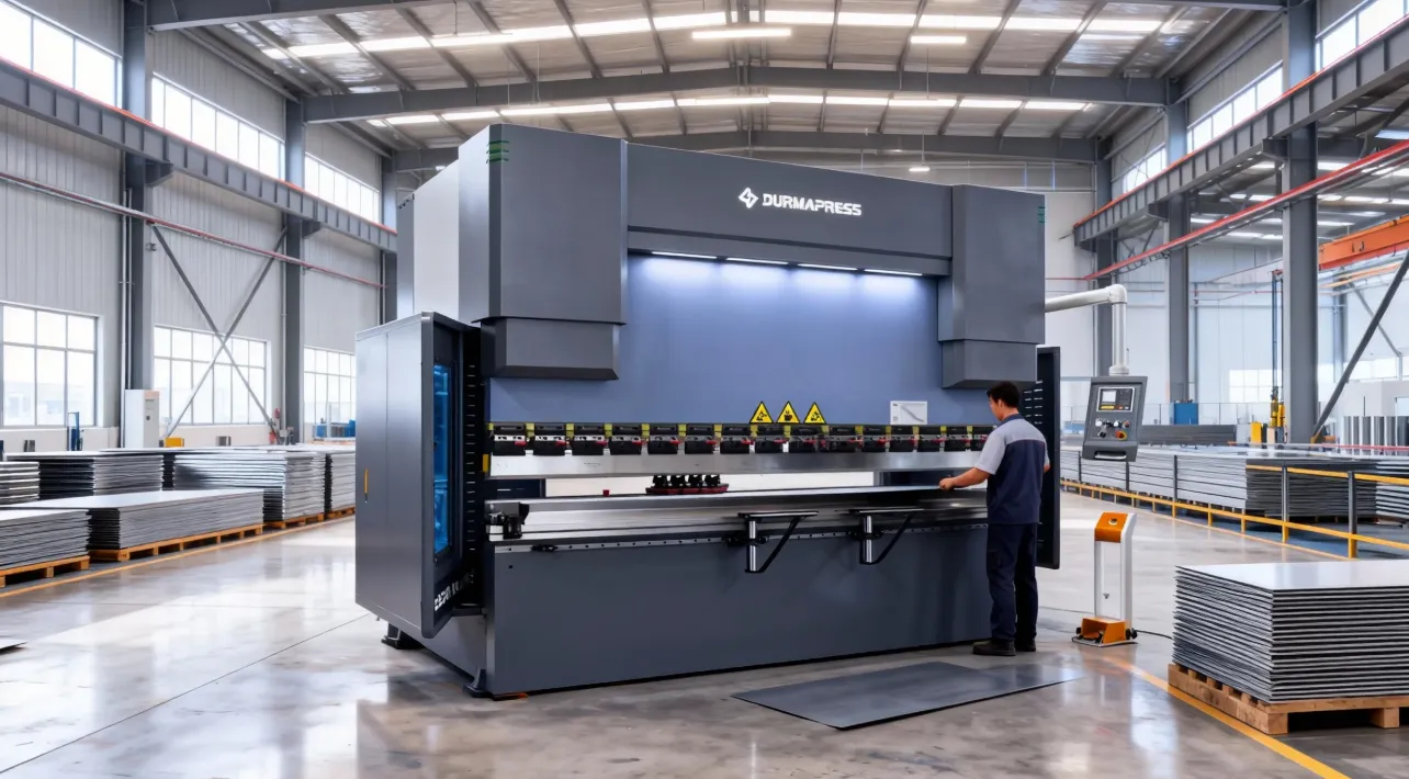 Hydraulic press brake machine bending metal sheet in factory