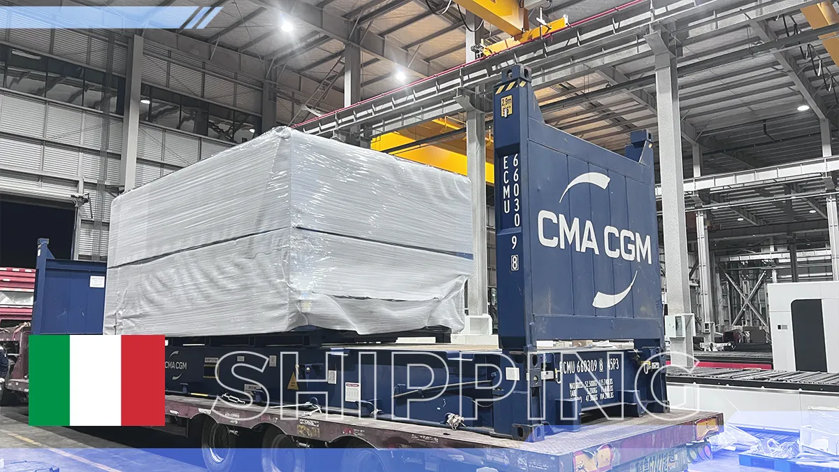 Sealed container carrying Durmapress corner notching machine shipped to Italy