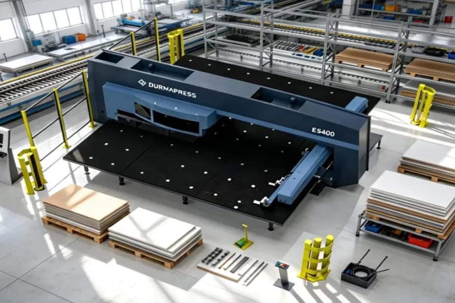 turret punching machine structure showing upper and lower turret, CNC control