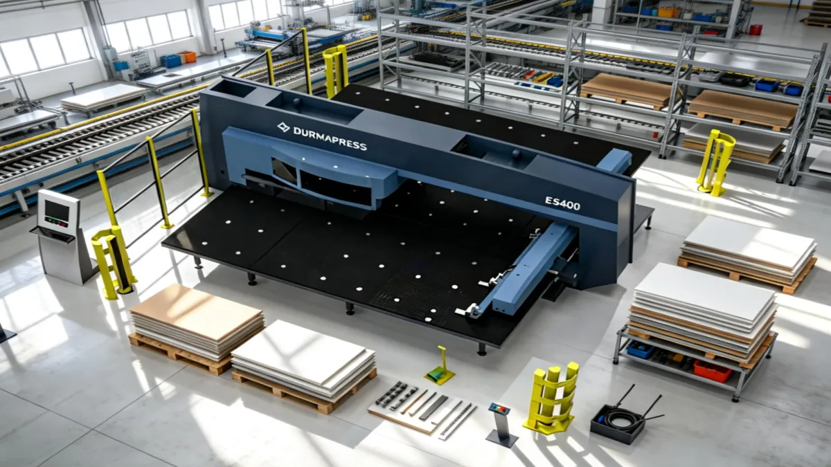 turret punching machine structure showing upper and lower turret, CNC control
