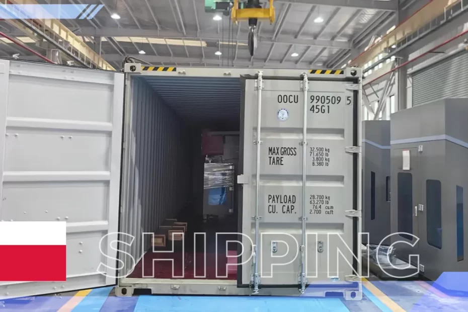 DP-ES Pro Max hydraulic press brakes prepared for shipment to Poland at manufacturing facility