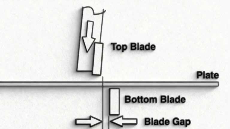 Hydraulic shear blade clearance diagram showing the gap between upper and lower blades