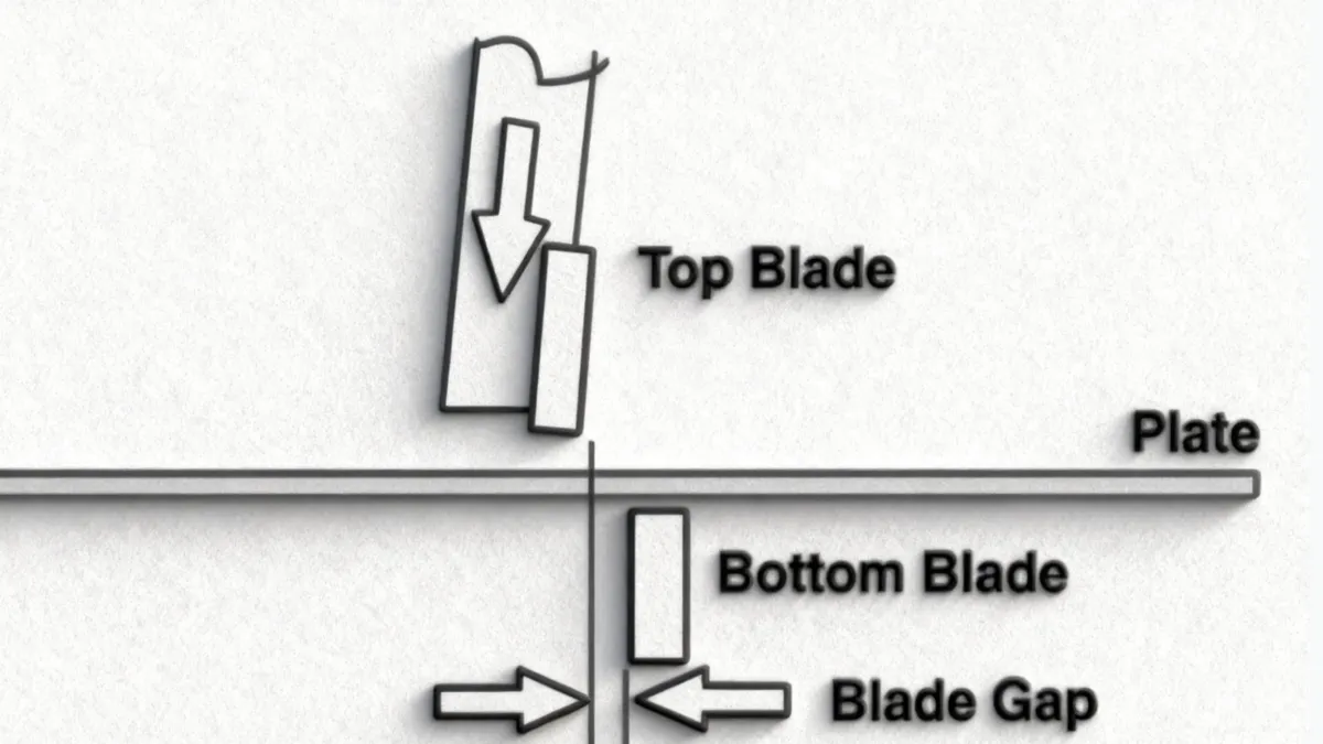 Hydraulic shear blade clearance diagram showing the gap between upper and lower blades