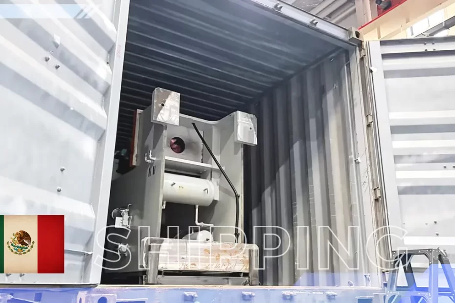 Industrial punch press packed in wooden crate for machinery export