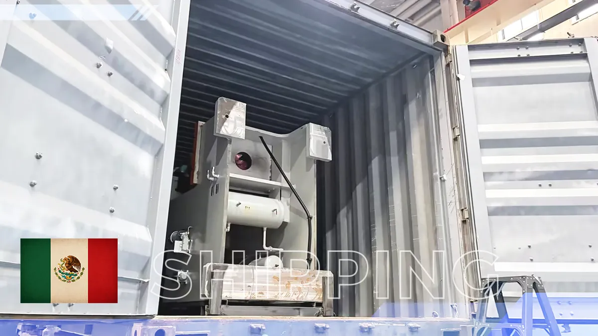 Industrial punch press packed in wooden crate for machinery export