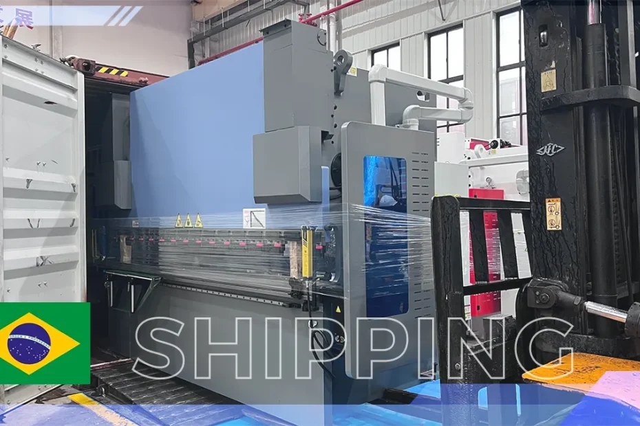 three DP-ECO 160T3200 hydraulic press brakes prepared for shipment to Brazil