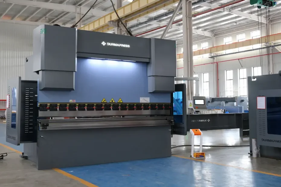 hydraulic press brake machine in a metal fabrication workshop