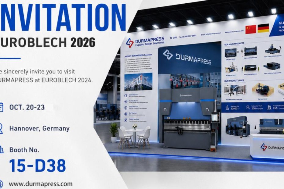 Durmapress EuroBLECH 2026 exhibition preview featuring CNC press brakes, fiber laser cutting machines, panel benders, and sheet metal processing solutions at Booth 15-D38 in Hannover Germany.