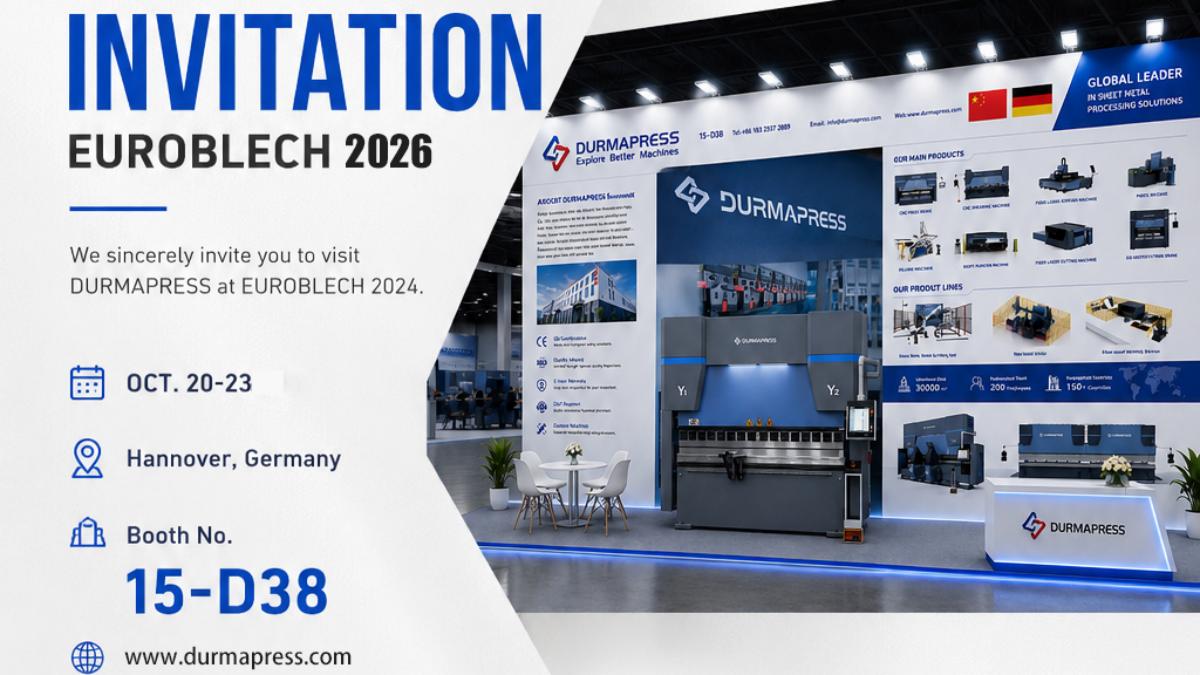 Durmapress EuroBLECH 2026 exhibition preview featuring CNC press brakes, fiber laser cutting machines, panel benders, and sheet metal processing solutions at Booth 15-D38 in Hannover Germany.