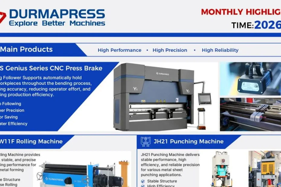 Durmapress July 2026 monthly highlights featuring CNC press brakes, rolling machines, punching machines, overseas customer visits, machine delivery and on-site commissioning