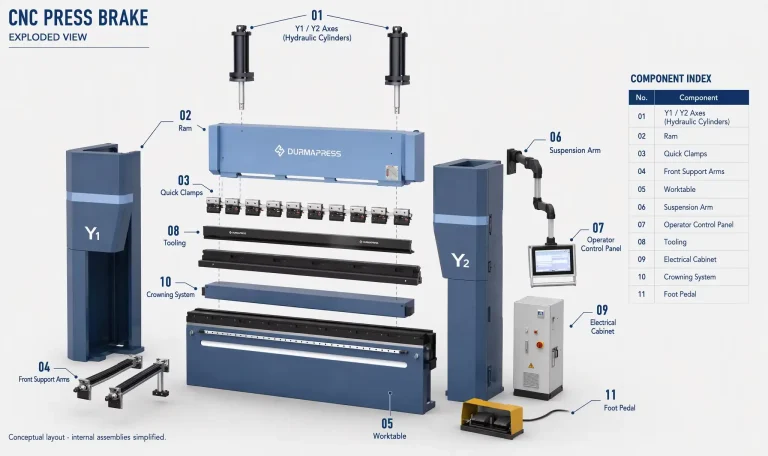CNC press brake parts diagram — labeled exploded view showing Y1/Y2 hydraulic cylinders, ram, quick clamps, front support arms, worktable, suspension arm, operator control panel, tooling, electrical cabinet, crowning system, and foot pedal on a Durmapress machine.
