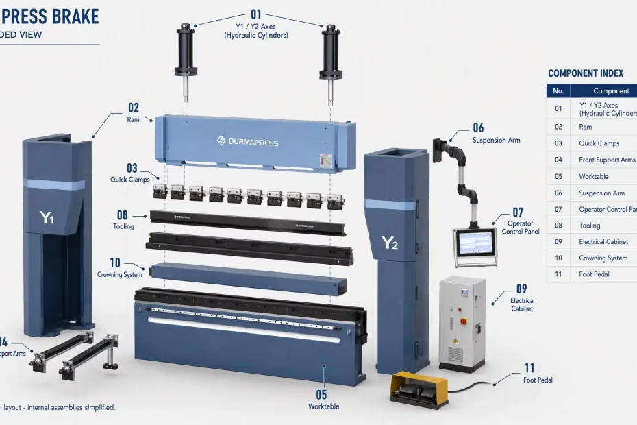 CNC press brake parts diagram — labeled exploded view showing Y1/Y2 hydraulic cylinders, ram, quick clamps, front support arms, worktable, suspension arm, operator control panel, tooling, electrical cabinet, crowning system, and foot pedal on a Durmapress machine.