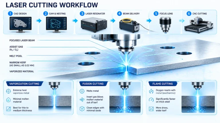 Complete laser cutting machine operation workflow diagram from pre-start safety check to shutdown