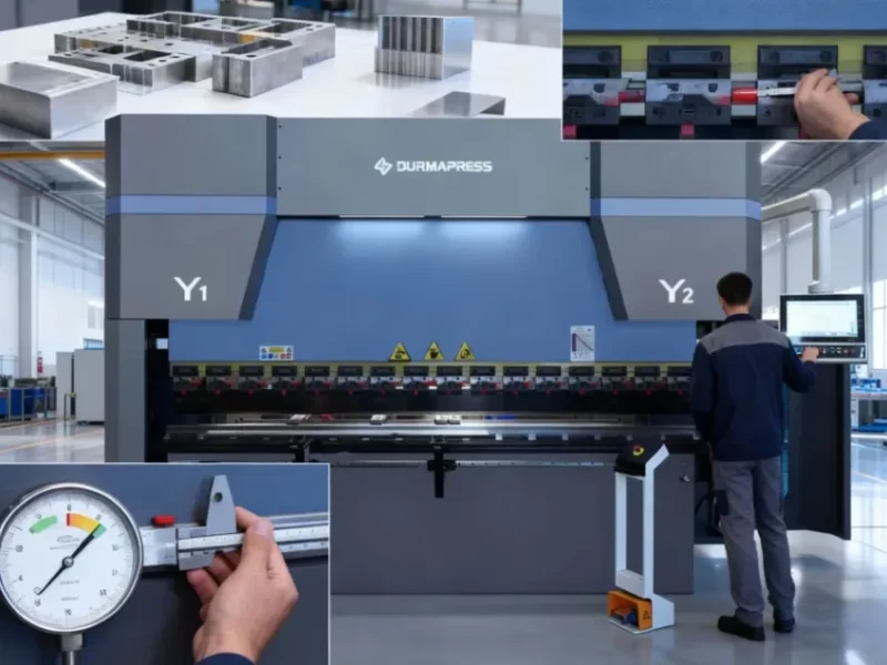 Experienced press brake operator inspecting bending accuracy and adjusting tooling