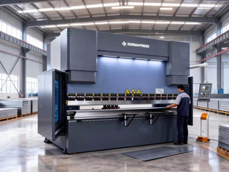 Hydraulic press brake machine bending metal sheet in factory