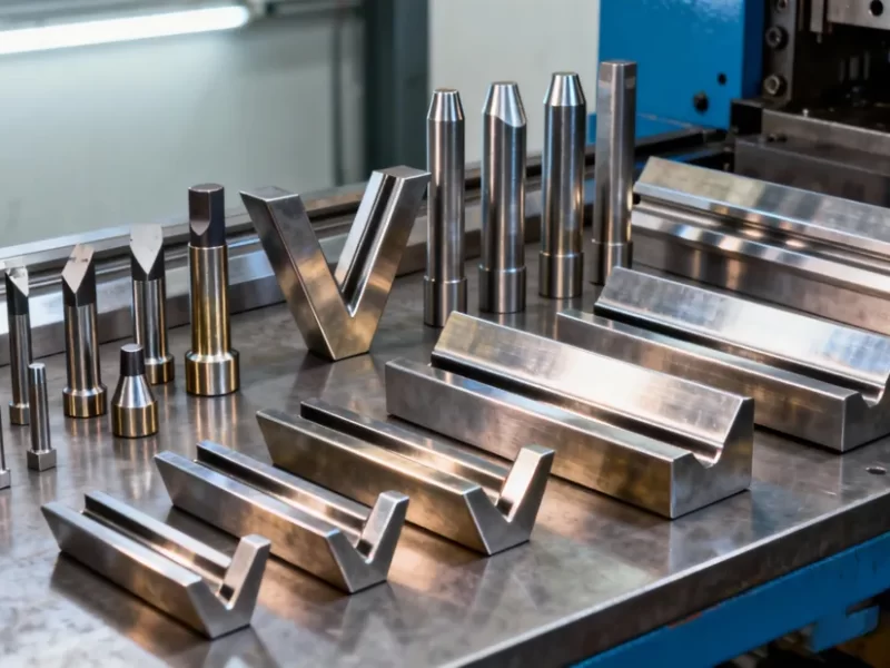 Press brake tooling set including punch and V-dies