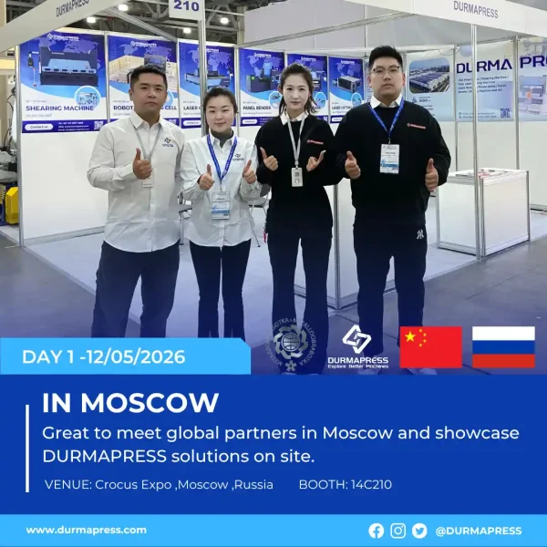 Durmapress exhibition booth at Metalloobrabotka 2026, Moscow, showcasing CNC press brakes and sheet metal machinery